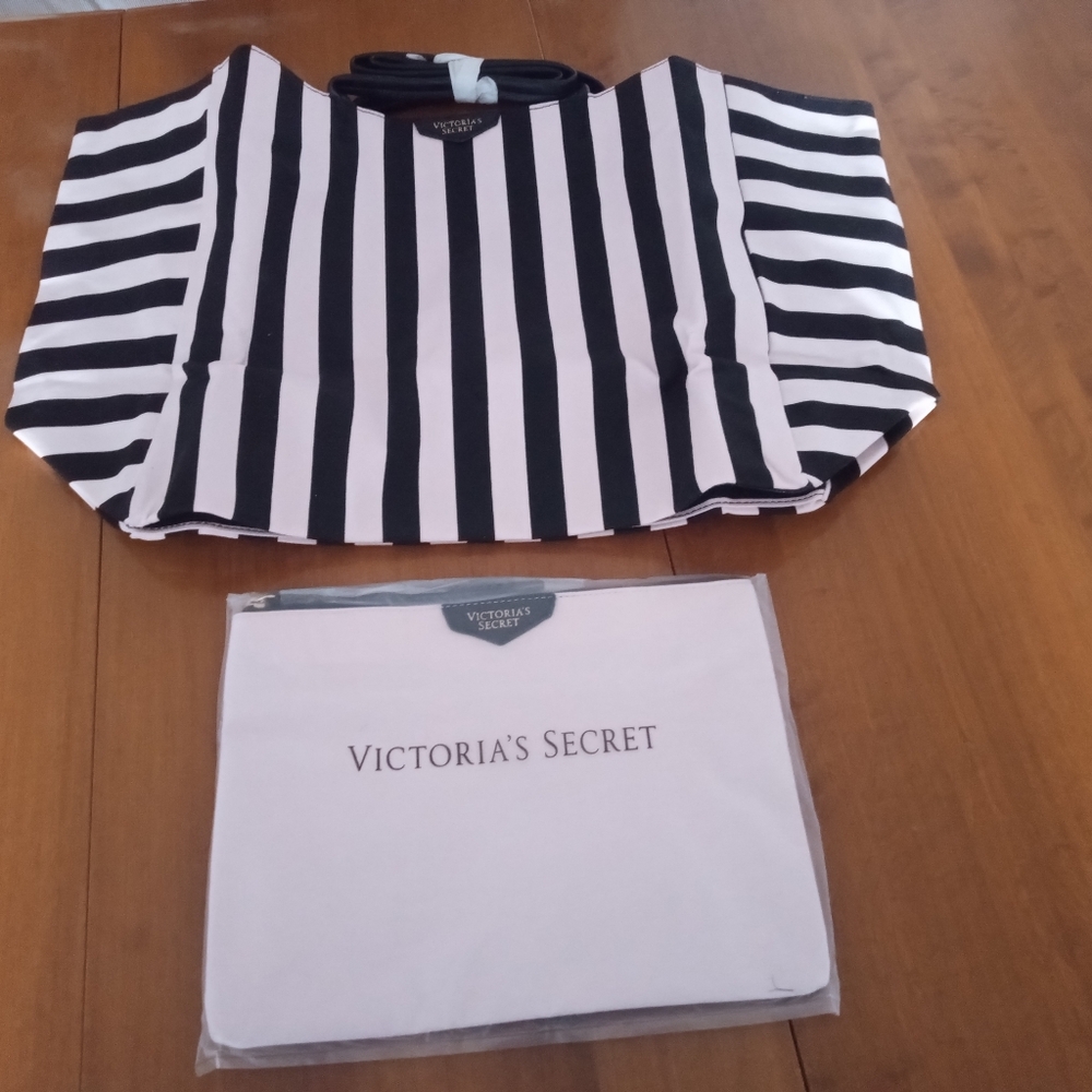 NWT Victoria's Secret Black and Light Pink Striped Tote